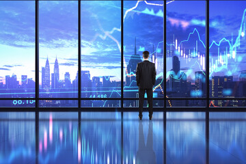 Aufkleber - Global investment business concept with businessman analysing digital display with world map, forex chart graphs and candlestick
