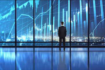 Wall Mural - Business investment concept with digital screen on window with stock market chart and businessman looking at night city