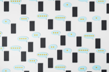 Poster - Social network icons of rating system with black cell phones on light surface