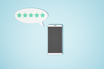 Poster - High social network rating concept with empty black smartphone screen and speech bubble with five stars inside on blue surface. Mock up