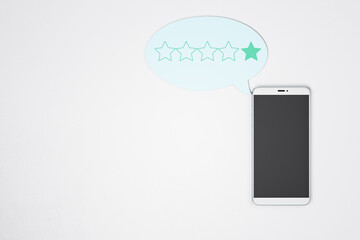 Poster - Low rating concept with blank black cell phone display on light background and speech bubble with one star inside. Mockup