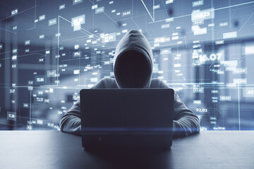 Aufkleber - Big data personal information safety technology concept with noface hacker working with laptop at digital virtual space with statistic indicators background