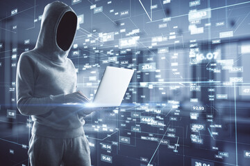 Aufkleber - Big data security concept with noface hacker with laptop and digital virtual space with glowing numbers and indicators