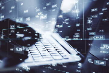 Poster - Data and statistic protection concept with human hand typing on laptop keyboard and digital glowing technological numbers