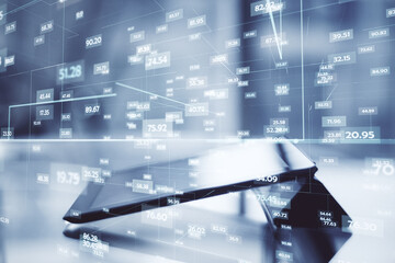 Leinwandbilder - Big data and computing technology concept with abstract digital glowing numbers and indicators on digital tablet background