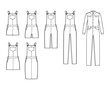 Set of Dungarees Denim overall jumpsuit dress technical fashion illustration with full knee mini length, normal waist, high rise, pockets, Rivets. Flat front, white color style. Women, men CAD mockup