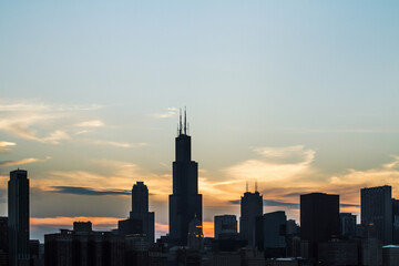 Wall Mural - Chicago skyline with skyscrapers on the sunset
