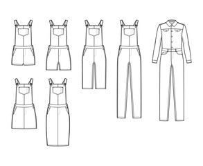 Canvas Print - Set of Dungarees Denim overall jumpsuit dress technical fashion illustration with full knee mini length, normal waist, high rise, pockets, Rivets. Flat front, white color style. Women, men CAD mockup