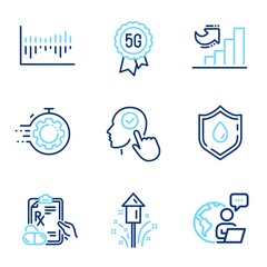 Poster - Science icons set. Included icon as Seo timer, 5g technology, Select user signs. Blood donation, Column diagram, Fireworks symbols. Growth chart, Prescription drugs line icons. Line icons set. Vector
