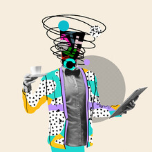 Month Report. Comics Styled Triangled Colorful Suit. Modern Design, Contemporary Art Collage. Inspiration, Idea Concept, Trendy Urban Magazine Style. Negative Space To Insert Your Text Or Ad.