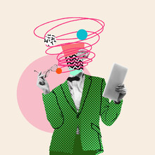 Reading News On Tablet. Comics Styled Green Dotted Suit. Modern Design, Contemporary Art Collage. Inspiration, Idea Concept, Trendy Urban Magazine Style. Negative Space To Insert Your Text Or Ad.