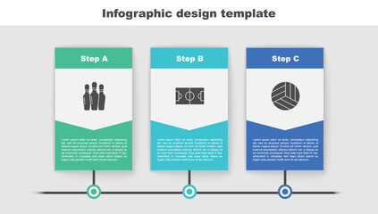 Set Bowling pin, Football or soccer field and Volleyball. Business infographic template. Vector.