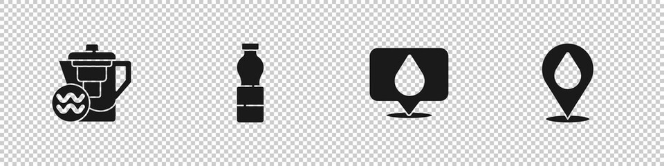 Sticker - Set Water jug with a filter, Bottle of water, drop location and icon. Vector.