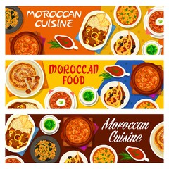 Canvas Print - Moroccan cuisine restaurant meals banners. Lamb stew with dates, fried chicken with preserved lemon and fig almond pie, pearl barley, harira and chicken tomato soups, pork with prunes, mint tea vector