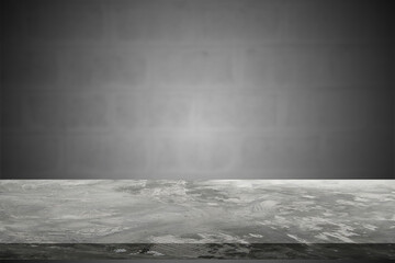 Concrete floor or table empty on white brick background. Concept to place products such as cement, steel, or other construction-related products. Or Place food-related items such as meat, vegetables.