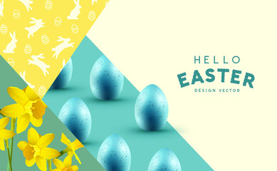 Happy Easter celebrations background with daffodil flowers, easter chocolate eggs and rabbit silhouettes. Vector illustration.