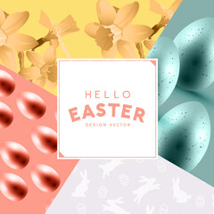 Wall Mural - Textured Easter background layout with daffodil flowers and easter chocolate eggs. Vector illustration.