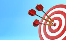 Three Darts Hitting A Red Target On The Center On Blue Background With Copy Space. 3d Render Illustration