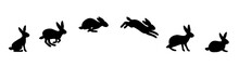 A Set Of Rabbit Jump Phases. The Hare Sits, Prepares To Jump, Jumps, Lands. Black Silhouette On A White Background. Vector Illustration.