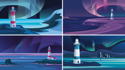 Wall Mural - lighthouses in the background of northern lights. collection of northern landscapes.