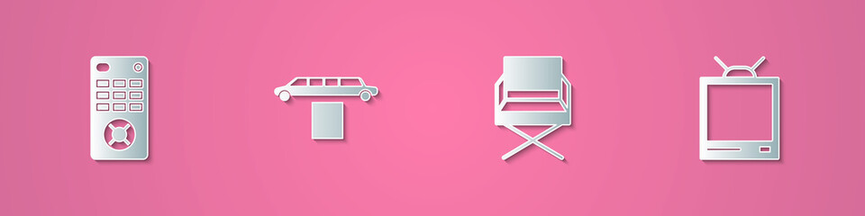 Sticker - Set paper cut Remote control, Limousine car and carpet, Director movie chair and Retro tv icon. Paper art style. Vector.