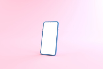 Wall Mural - 3d rendering of mockups blue smartphone white screen on pink floor, blue mobile phone lay down on th
