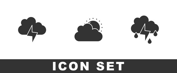 Sticker - Set Storm, Sun and cloud weather and Cloud with rain lightning icon. Vector.