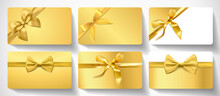Gift Card Design Collection. Blank Premium Template With Gold Ribbon, Bow On Luxury Goldenbackground. Holiday Vector Set For Gift Certificate, Voucher, Coupon
