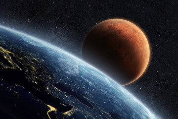 Poster - Blue planet earth with lights of night cities, view from space. Red Planet Mars in the starry sky. Two planets in outer space. Travel from Earth to Mars, concept