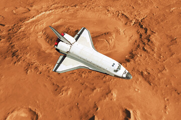 Poster - Space rocket shuttle flies over the red planet Mars, top view. Spaceship completes a mission and exploring a new planet.