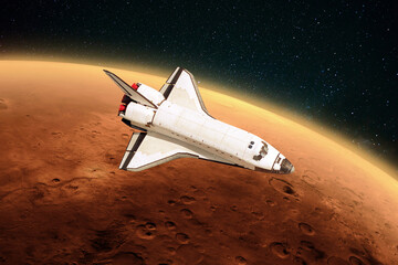 Poster - Space shuttle rocket is flying to the red planet Mars into outer space. Spacecraft performs a mission, journey and explores a new planet.