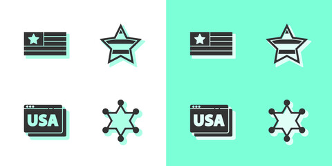 Sticker - Set Hexagram sheriff, American flag, USA on browser and Independence day icon. Vector.