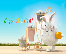 Easter Bunny And Cart With Easter Eggs In Buckets