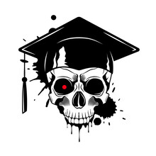 Human Skull With Graduate Cap, Red Eye, Paint Splashes And Drips On White Background. Grunge Vector Illustration