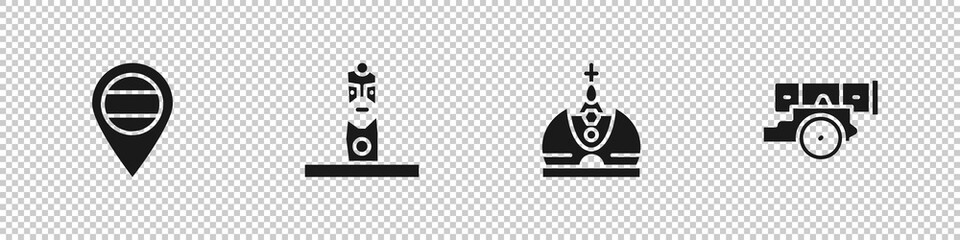 Sticker - Set Location Russia, Slavic pagan idol, King crown and Cannon icon. Vector.