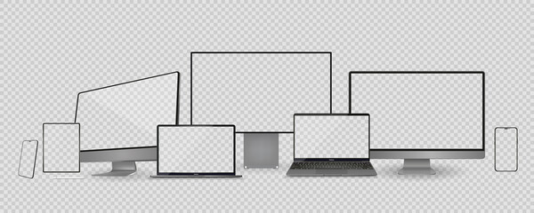 Poster - Set of realistic computer monitor, laptop, tablet and mobile phone with empty white screen. Various modern electronic gadget isolated on white background. Vector illustration EPS10