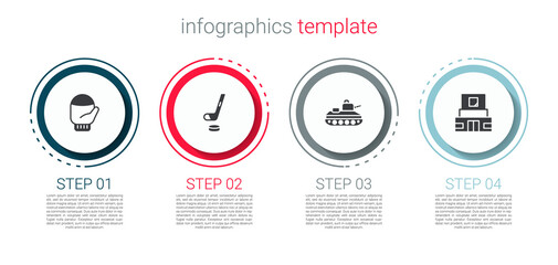 Poster - Set Christmas mitten, Ice hockey stick and puck, Military tank and Mausoleum of Lenin. Business infographic template. Vector.