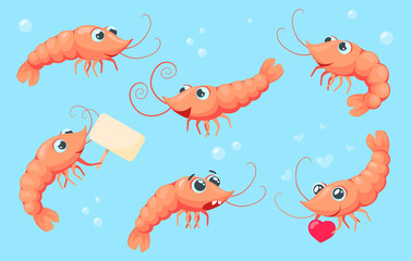 Wall Mural - Cartoon shrimps collection. Cute and funny prawns with different emotions isolated on white background. Flat vector illustration for sea animals, food concept