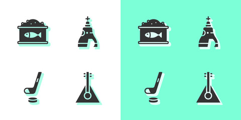 Wall Mural - Set Balalaika, Tin can with caviar, Ice hockey stick and puck and The Tsar bell icon. Vector.