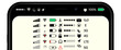 © kasheev - Phone bar status Icons, battery Icon, wifi signal strength. Vector mobile interface top bar icon set for network signals and telephone charge levels status