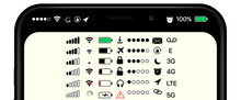 Phone Bar Status Icons, Battery Icon, Wifi Signal Strength. Vector Mobile Interface Top Bar Icon Set For Network Signals And Telephone Charge Levels Status
