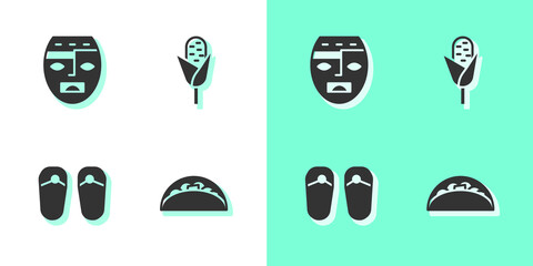 Sticker - Set Taco with tortilla, Aztec mask, Flip flops and Corn icon. Vector.