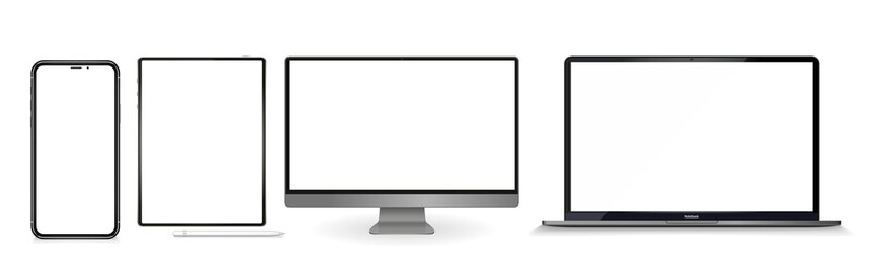 Poster - Set of realistic computer monitor, laptop, tablet and mobile phone with empty white screen. Various modern electronic gadget isolated on white background. Vector illustration EPS10