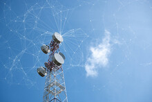 Telecommunication Tower With Mesh Dots, Glittering Particles For Wireless Telecommunication Technology