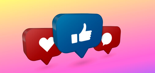 Poster - 3d Mobile message notification, new alert vector icon. Smartphone notification set of icon, like icon, follower icon and comment. Communication in social networks.
