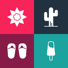 Sticker - Set pop art Popsicle ice cream, Flip flops, Cactus and Sun icon. Vector.