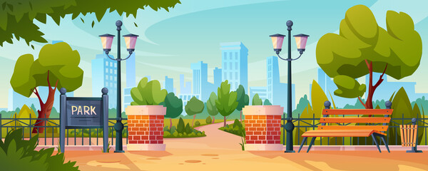 Entrance to city park, green trees and street lamps, skyscrapers on background. Vector urban garden with flower beds, wooden benches seat, summer or spring scenery. Hedge of bricks, seats, blue sky