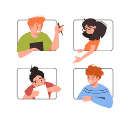 Aufkleber - Collaboration via video conferencing man and woman in video chat communicating online. Vector videocall of freelancers on quarantine, people entrepreneurs videocall. Integrated e-learning by computer