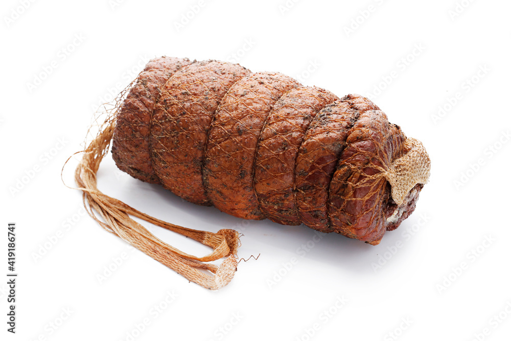 Smoked rolled bacon, pork belly in herbs, in one piece, tied in string ...