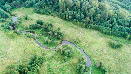 Aufkleber - Aerial top view ecosystem of forest river and lake on meadow valley, Texture of forest view from above.